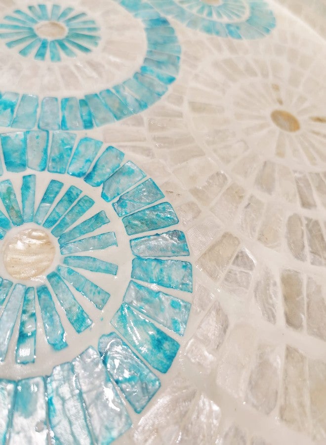 i-lan 18 Inch Round Mother of Pearl Serving Tray - Blue & White Nacre Inlay Decorative Tray with Handles - Handmade Shell Ottoman Tray for Coffee Table, Kitchen, Coastal Home Decor - Image 4