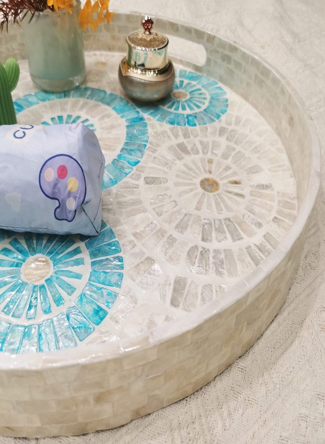 i-lan 18 Inch Round Mother of Pearl Serving Tray - Blue & White Nacre Inlay Decorative Tray with Handles - Handmade Shell Ottoman Tray for Coffee Table, Kitchen, Coastal Home Decor - Image 5