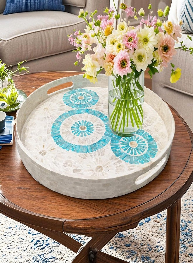 i-lan 18 Inch Round Mother of Pearl Serving Tray - Blue & White Nacre Inlay Decorative Tray with Handles - Handmade Shell Ottoman Tray for Coffee Table, Kitchen, Coastal Home Decor - Image 2