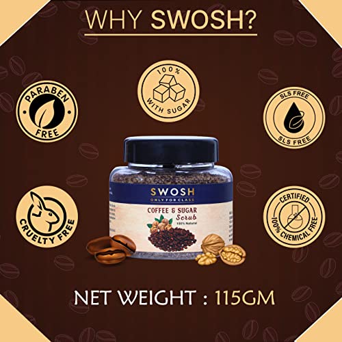 SWOSH Exfoliating Coffee and Sugar Scrub With Walnut Shell Extract For Face & Body (115 gram) For Tan Removal, Skin Brightening and Whitening | 100% Vegan, Organic and Natural Scrub | Women and Men - Image 3