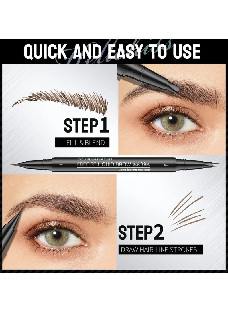 HelloKiss - Precise Liquid Eyebrow Pen with Brush Double Headed Ink Pen 2 Tip Microblading Brow Pen Curved Eyebrow Pencil, 2 Fork Tip Eye Pen Waterproof Long Lasting Ink Pen Brown 02 - Image 1