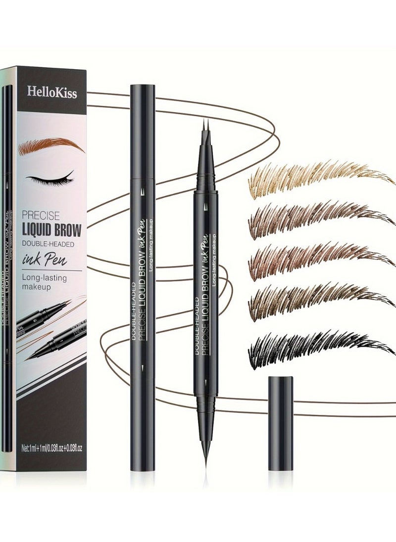 HelloKiss - Precise Liquid Eyebrow Pen with Brush Double Headed Ink Pen 2 Tip Microblading Brow Pen Curved Eyebrow Pencil, 2 Fork Tip Eye Pen Waterproof Long Lasting Ink Pen Brown 02 - Image 1