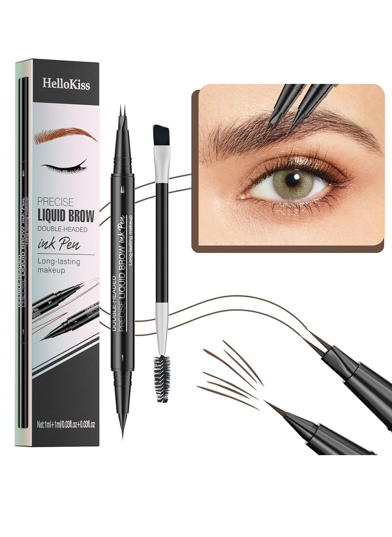 HelloKiss - Precise Liquid Eyebrow Pen with Brush Double Headed Ink Pen 2 Tip Microblading Brow Pen Curved Eyebrow Pencil, 2 Fork Tip Eye Pen Waterproof Long Lasting Ink Pen Brown 02 - Image 1
