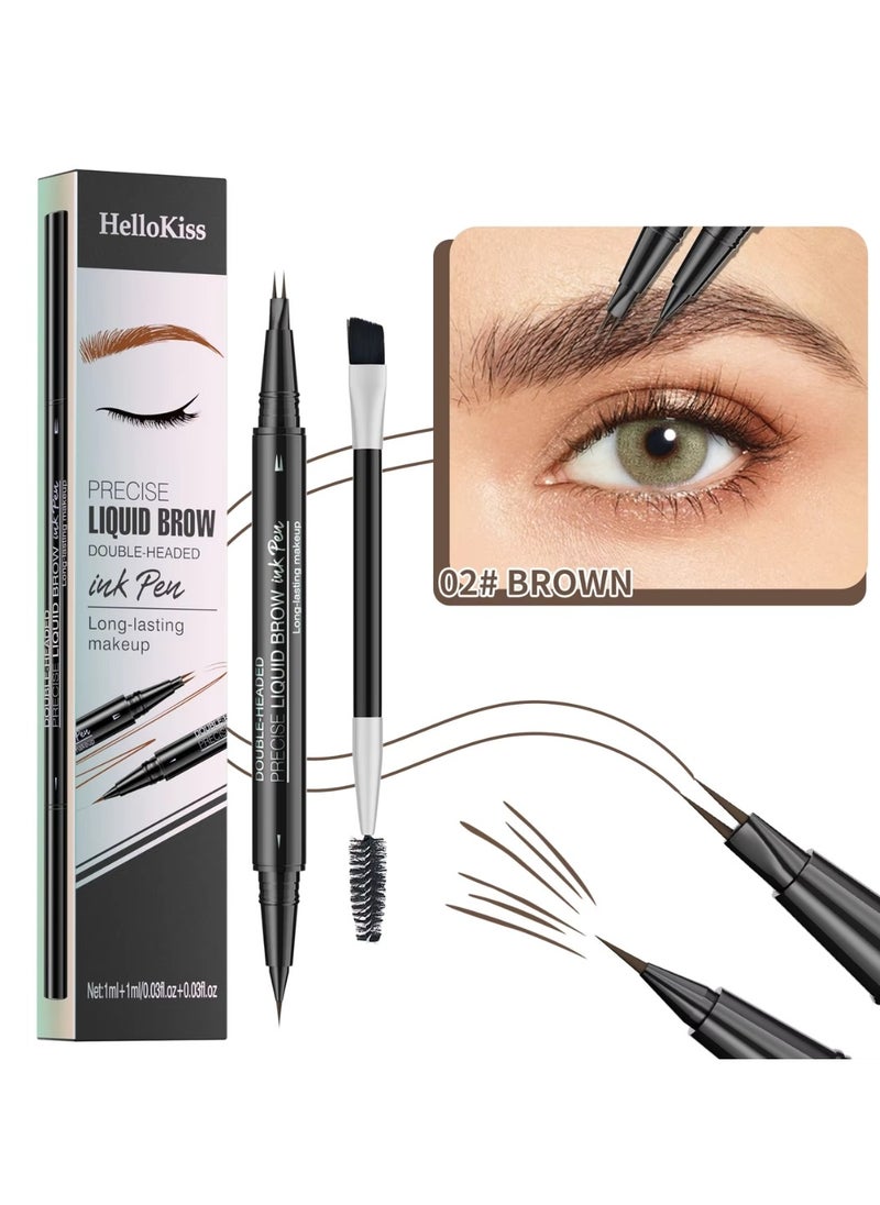 HelloKiss - Precise Liquid Eyebrow Pen with Brush Double Headed Ink Pen 2 Tip Microblading Brow Pen Curved Eyebrow Pencil, 2 Fork Tip Eye Pen Waterproof Long Lasting Ink Pen Brown 02 - Image 1