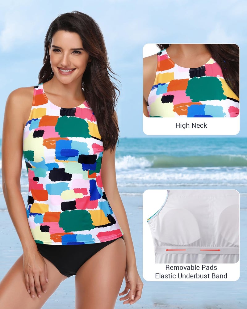 Holipick Multicoloured High Neck Tankini Top Bathing Suit Tops for Women Tummy Control Tank Tops Swimsuits M - Image 3