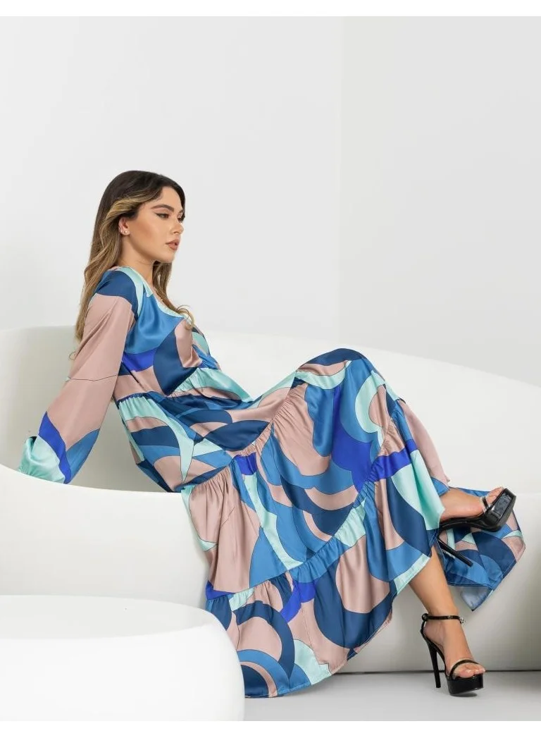 ELVA Women's Elegant Multicolor Satin Maxi Dress – V-Neck, Medium Length, Flowy Summer Dress