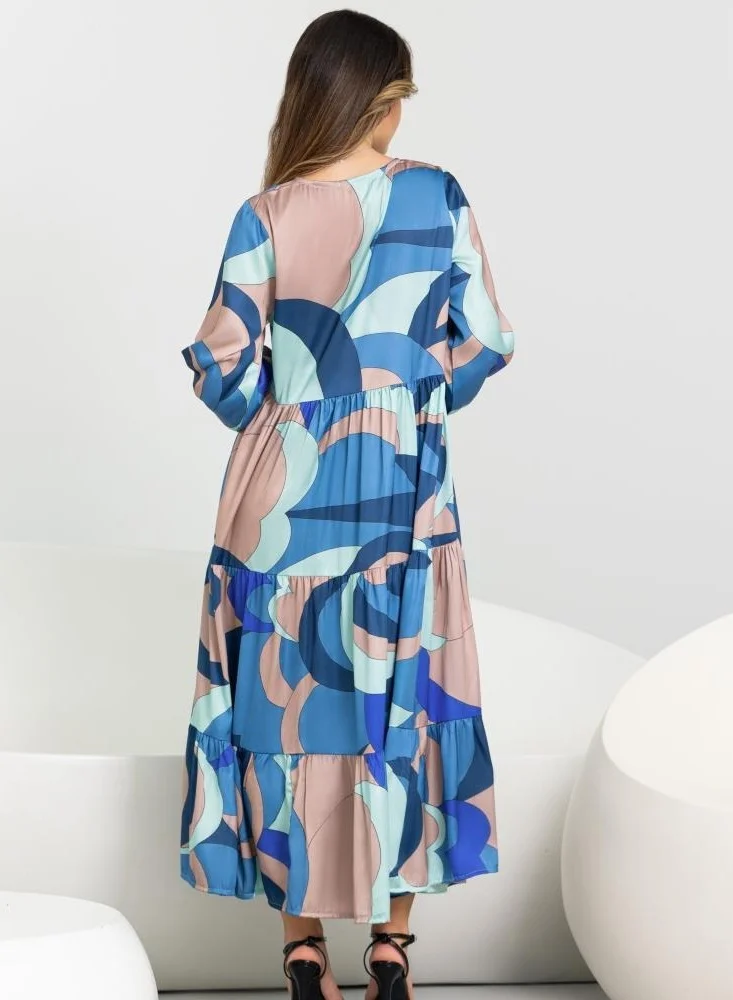 ELVA Women's Elegant Multicolor Satin Maxi Dress – V-Neck, Medium Length, Flowy Summer Dress