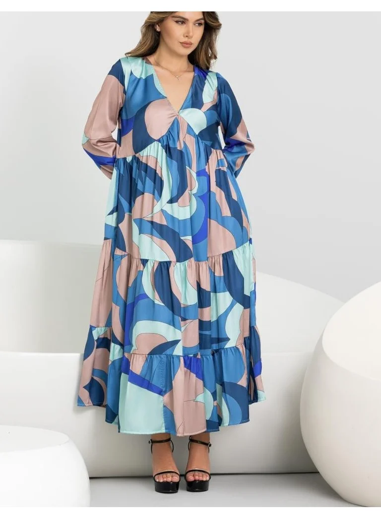 ELVA Women's Elegant Multicolor Satin Maxi Dress – V-Neck, Medium Length, Flowy Summer Dress