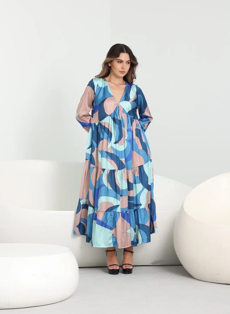 ELVA Women's Elegant Multicolor Satin Maxi Dress – V-Neck, Medium Length, Flowy Summer Dress