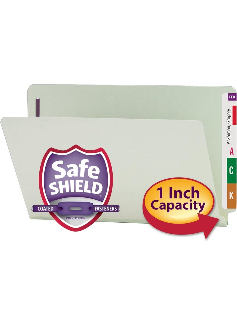 Smead Smead End Tab Pressboard Fastener File Folder with SafeSHIELD Fasteners, 2 Fasteners, 1" Expansion, Legal Size, Gray/Green, 25 per Box (37705)  - Image 3