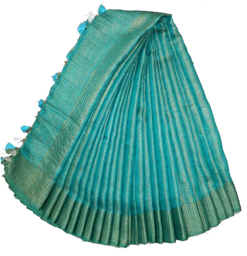 HAIDER ALI AND SONS Women's And Girl's Pure Tissue Linen Ethnic Wear Saree For Women's (With Blouse) (FIROZA), Turquoise - Image 1
