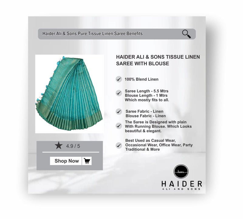 HAIDER ALI AND SONS Women's And Girl's Pure Tissue Linen Ethnic Wear Saree For Women's (With Blouse) (FIROZA), Turquoise - Image 5