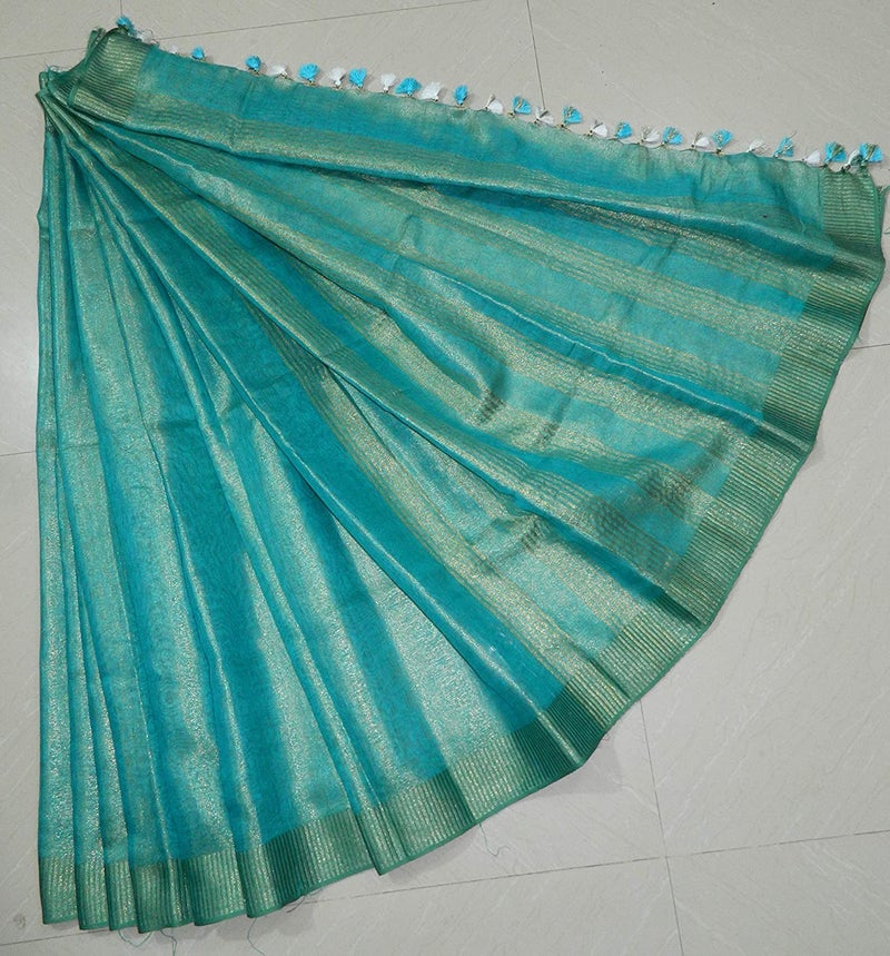 HAIDER ALI AND SONS Women's And Girl's Pure Tissue Linen Ethnic Wear Saree For Women's (With Blouse) (FIROZA), Turquoise - Image 2