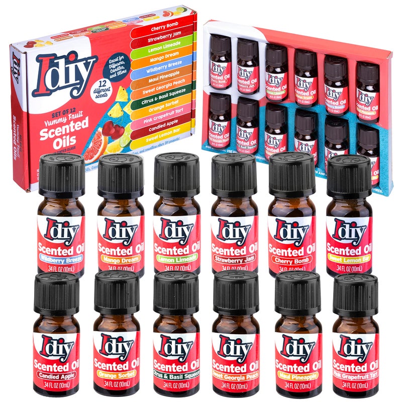 SCS Direct Yummy Fruit Scented Oils (12 Pack) -X Large 10ml (.34 oz) Natural Food Fragrance Bottles for Diffusers, Aromatherapy, Essential Oil, Candles, Crafts, Slime, Holiday Gifts-Strawberry, Pineapple, Mango - Image 1