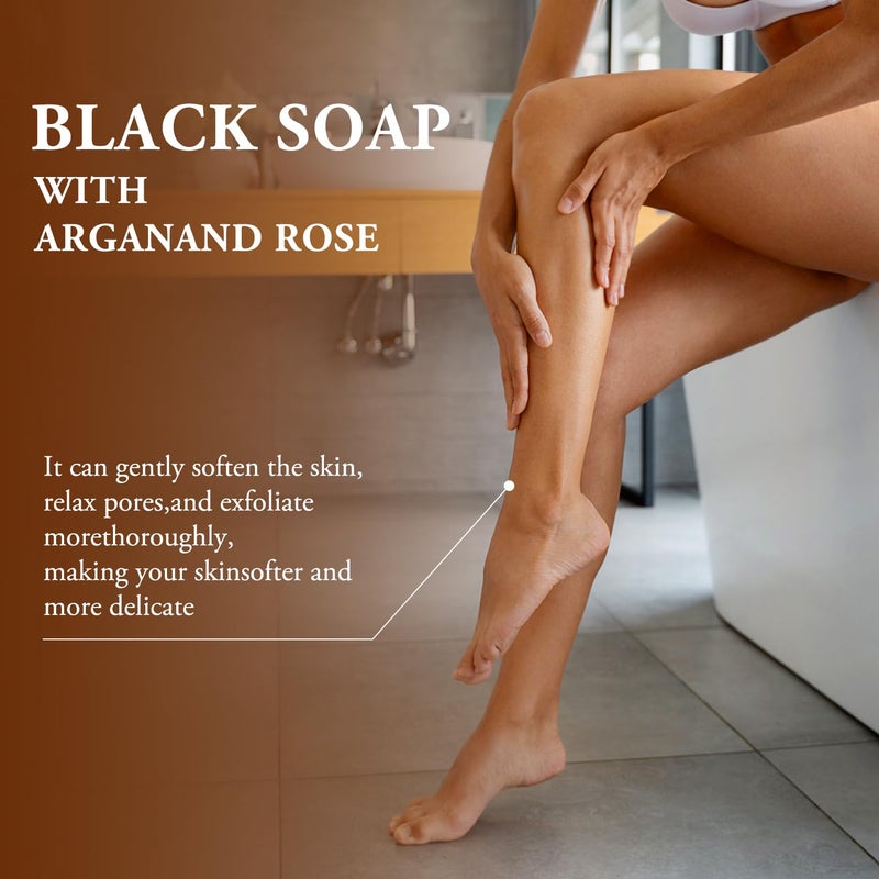 QiFind Morocco Black Soap with Argan and Rose, Morocco Black Beldi Bar Exfoliating Soaps, Moroccan Black Soap Hammam, Moroccos Body Scrub with Exfoliating Glove - Image 2