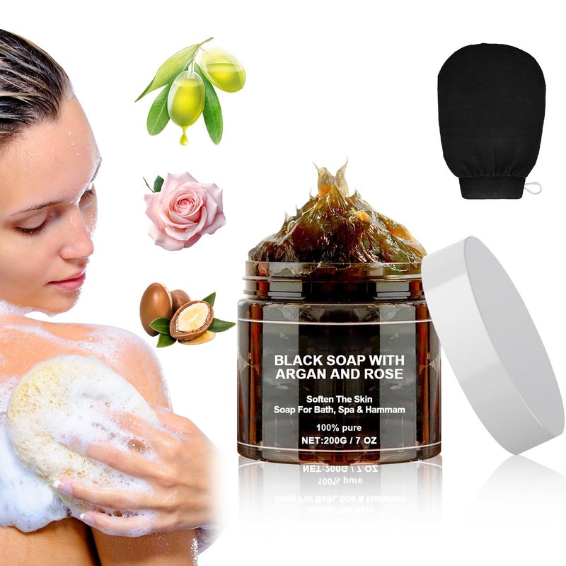 QiFind Morocco Black Soap with Argan and Rose, Morocco Black Beldi Bar Exfoliating Soaps, Moroccan Black Soap Hammam, Moroccos Body Scrub with Exfoliating Glove - Image 1