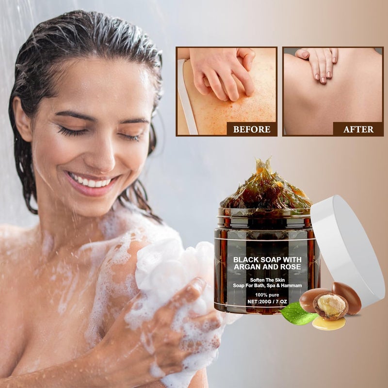 QiFind Morocco Black Soap with Argan and Rose, Morocco Black Beldi Bar Exfoliating Soaps, Moroccan Black Soap Hammam, Moroccos Body Scrub with Exfoliating Glove - Image 3