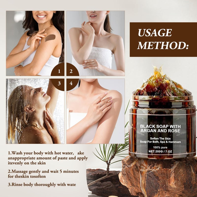 QiFind Morocco Black Soap with Argan and Rose, Morocco Black Beldi Bar Exfoliating Soaps, Moroccan Black Soap Hammam, Moroccos Body Scrub with Exfoliating Glove - Image 5