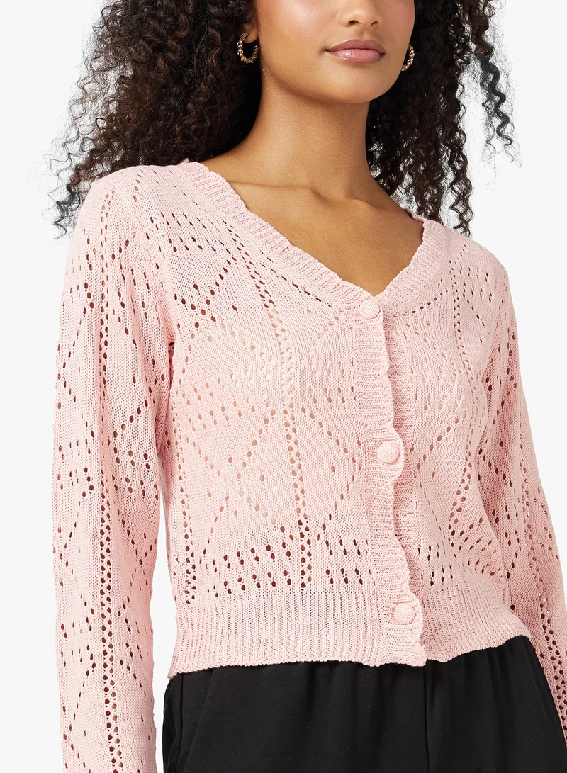 جينجر Knitted Openwork Button Up Cardigan