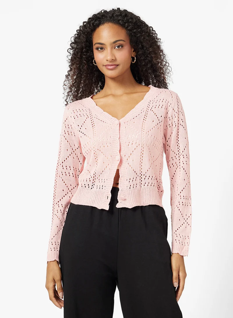جينجر Knitted Openwork Button Up Cardigan