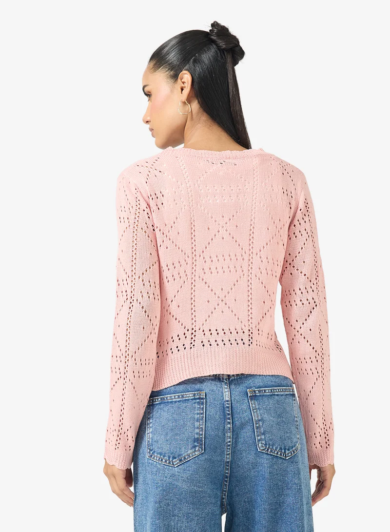 Ginger Knitted Openwork Button Up Cardigan