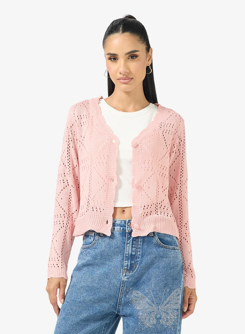 Ginger Knitted Openwork Button Up Cardigan