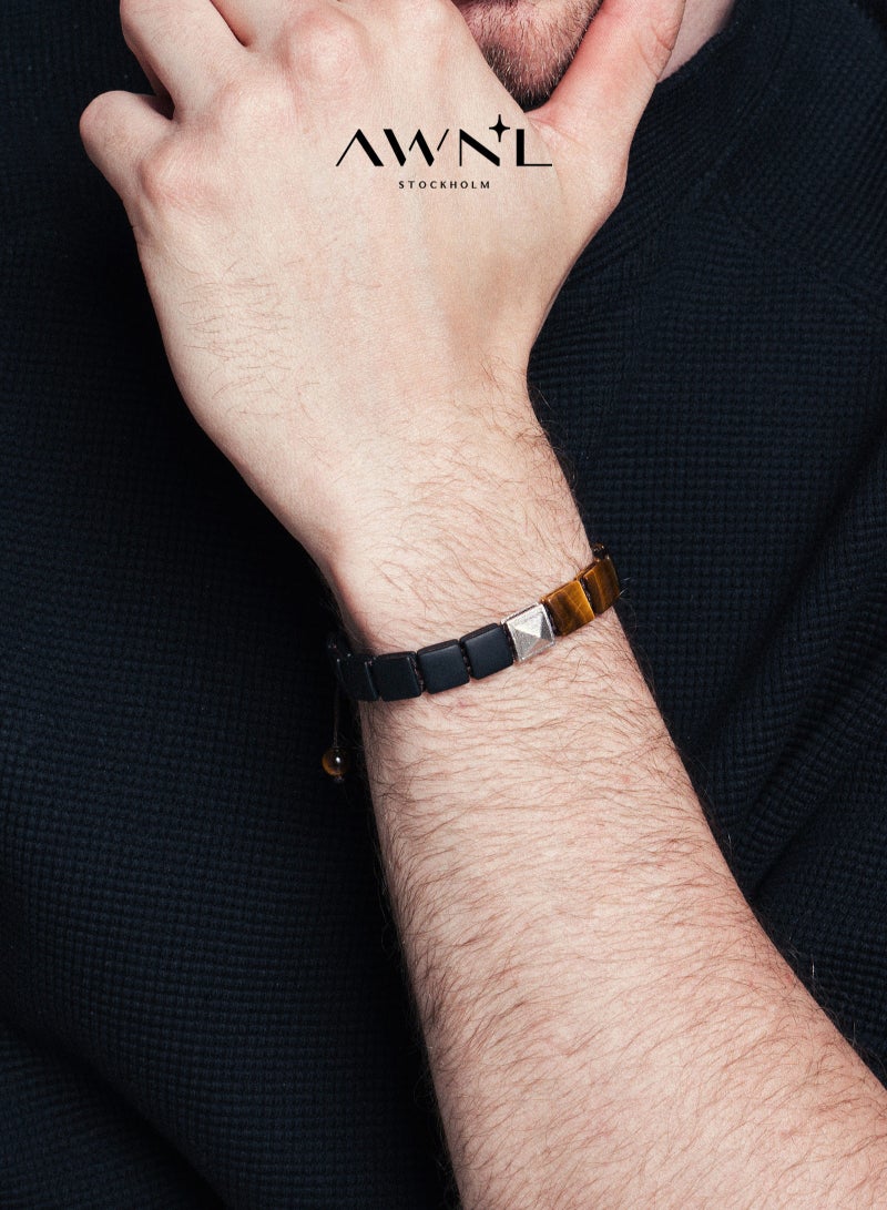 AWNL Men's Flatbead Bracelet with Tiger Eye and Onyx, Egyptian Pyramid Charm Gift for Men Husband Boyfriend - Image 1