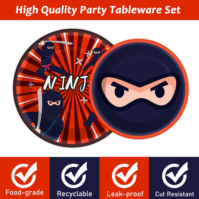 Tevxj 96 Pcs Party Decorations Supplies Ninja Master Tableware Set Karate Theme Party Dessert Plates Napkins Forks for Ninja Warrior Birthday Party 24 Guests - Image 4