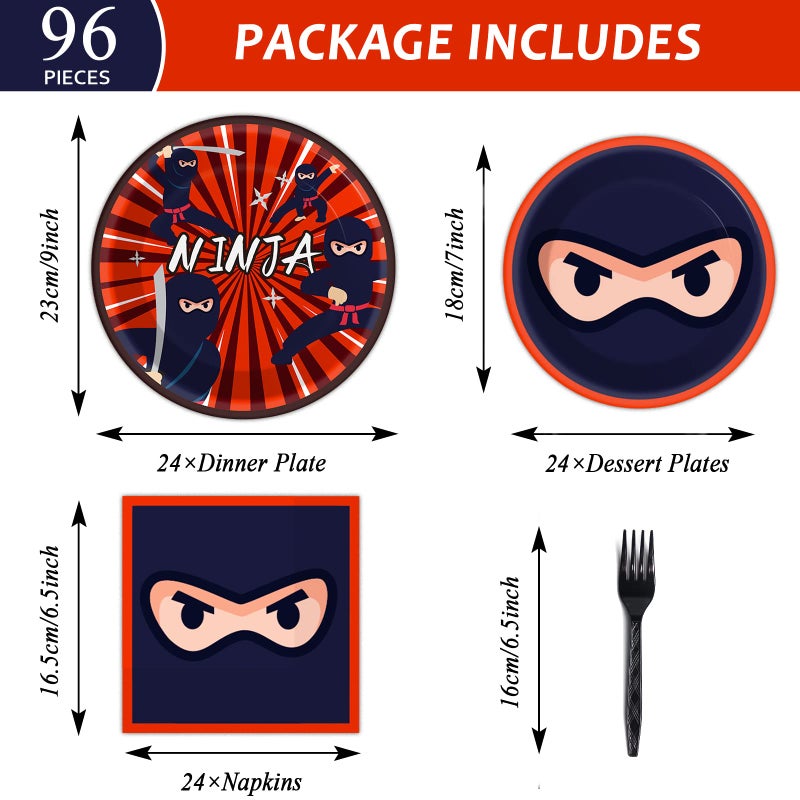 Tevxj 96 Pcs Party Decorations Supplies Ninja Master Tableware Set Karate Theme Party Dessert Plates Napkins Forks for Ninja Warrior Birthday Party 24 Guests - Image 2