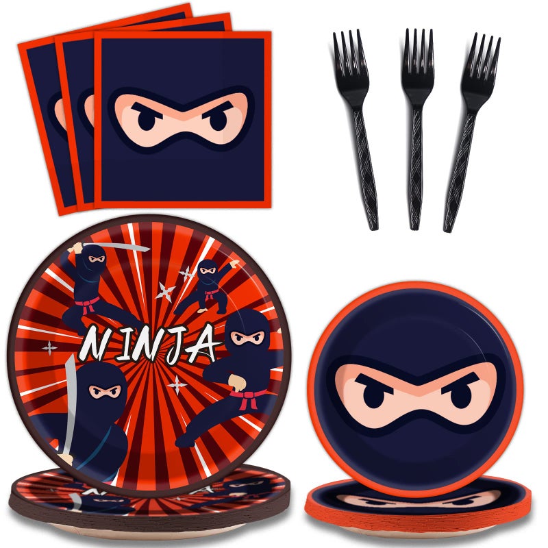 Tevxj 96 Pcs Party Decorations Supplies Ninja Master Tableware Set Karate Theme Party Dessert Plates Napkins Forks for Ninja Warrior Birthday Party 24 Guests - Image 1