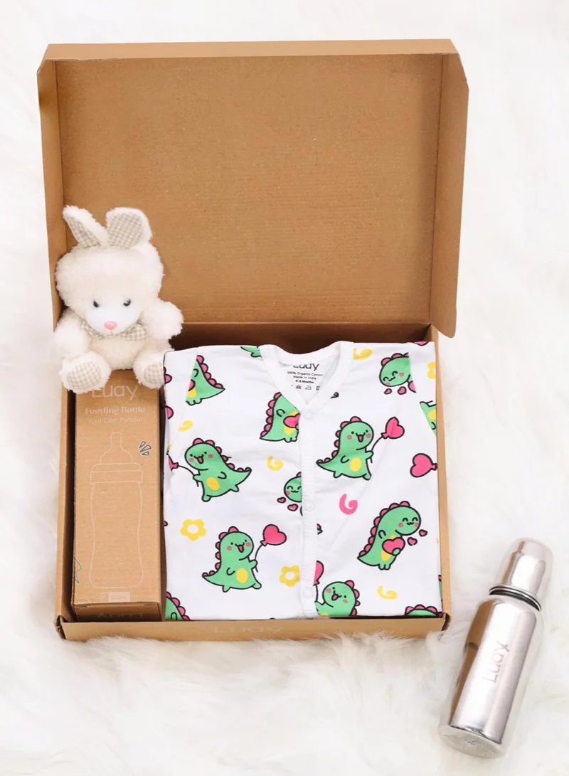 LUAY Premium Gift Box Set with The Baby Romper, Baby Feeding Bottle and Teddy Bear Best Hamper for Babies (6-9 M)