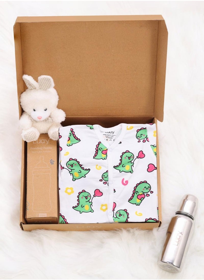 LUAY Premium Gift Box Set with The Baby Romper, Baby Feeding Bottle and Teddy Bear Best Hamper for Babies (6-9 M) 