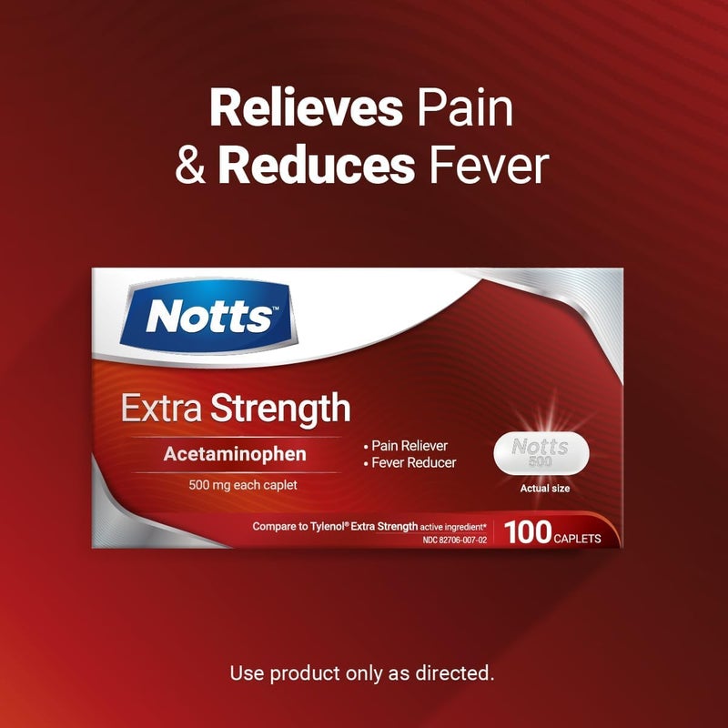 NOTTS Extra Strength 500mg Caplets with 500 mg Acetaminophen Pain Reliever and Fever Reducer for Headache Backache Toothache  Minor Arthritis Pain Relief 100 Count - Image 2