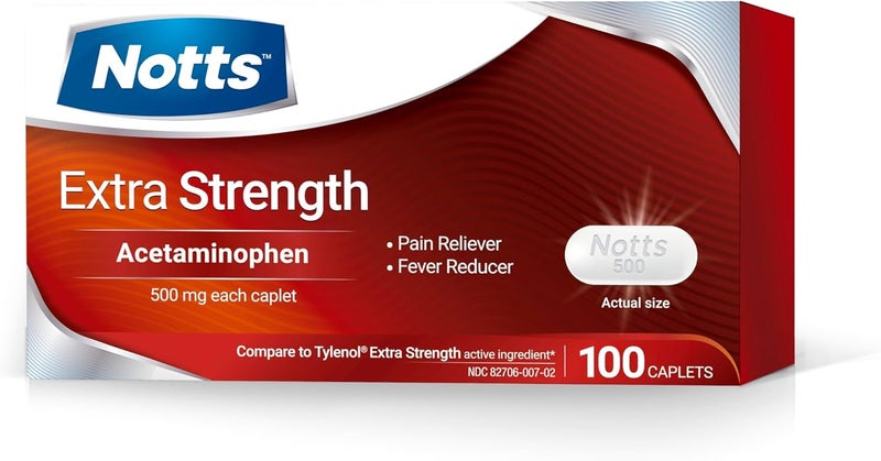 NOTTS Extra Strength 500mg Caplets with 500 mg Acetaminophen Pain Reliever and Fever Reducer for Headache Backache Toothache  Minor Arthritis Pain Relief 100 Count - Image 1