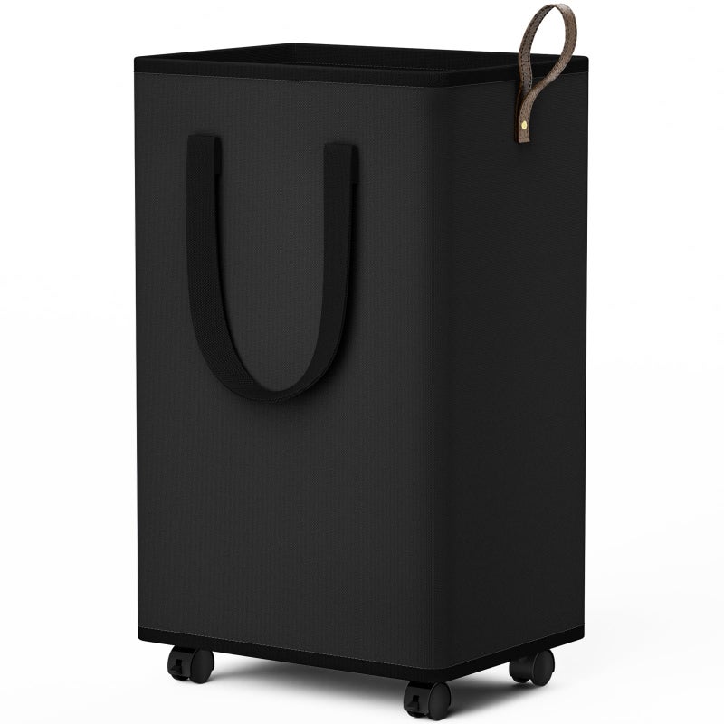 SpaceTrove Laundry Basket with Wheels, Collapsible Laundry Baskets, Laundry Hamper with Handles Detachable Wheels, Rolling Laundry Basket, Dirty Clothes Hamper for Bathroom, Dorm, Bedroom, Black, 80L - Image 1
