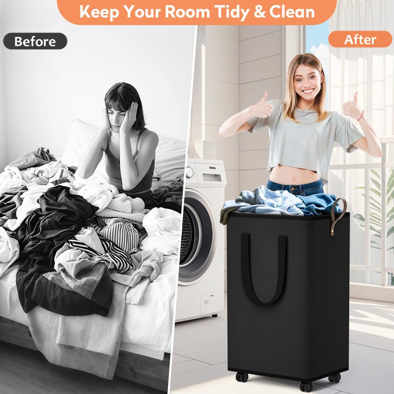 SpaceTrove Laundry Basket with Wheels, Collapsible Laundry Baskets, Laundry Hamper with Handles Detachable Wheels, Rolling Laundry Basket, Dirty Clothes Hamper for Bathroom, Dorm, Bedroom, Black, 80L - Image 4