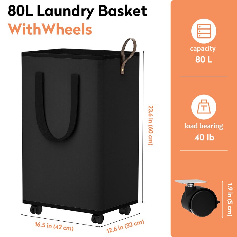 SpaceTrove Laundry Basket with Wheels, Collapsible Laundry Baskets, Laundry Hamper with Handles Detachable Wheels, Rolling Laundry Basket, Dirty Clothes Hamper for Bathroom, Dorm, Bedroom, Black, 80L - Image 2