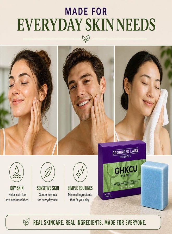 Tactilian GROUNDED LABS Grass-Fed Beef Tallow & Copper Peptide (GHK-Cu) Soap Bar – Deep Moisturizing Skin Cleanser with Natural Ingredients – Gentle Daily Face & Body Bar for Dry & Sensitive Skin - Image 3