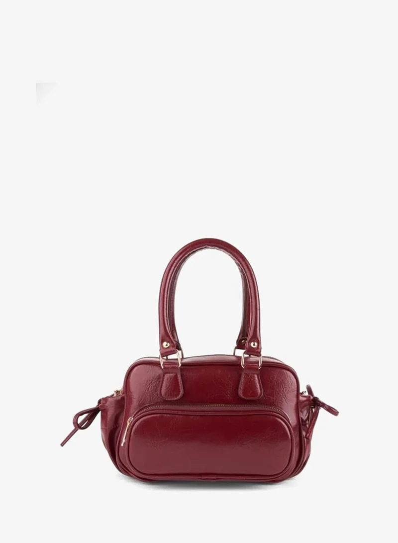 Women's Mila Burgundy Crinkled Glossy Faux Leather Zipper Closure Strap Hand, Wrist and Shoulder Bag.