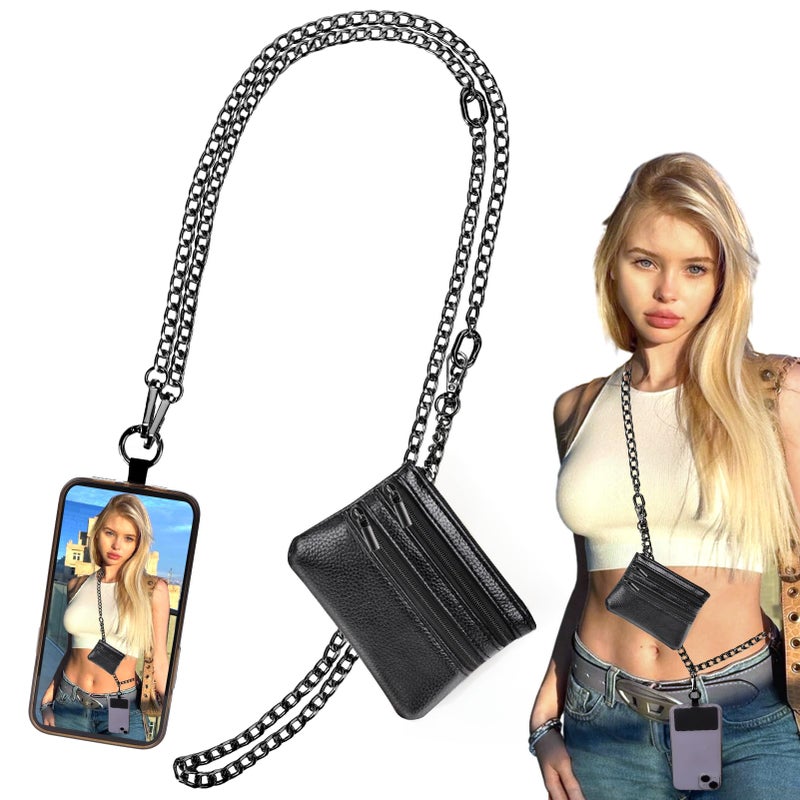 XANGNIER Clip and Go Strap for Phone with Wallet Crossbody, Phone Strap with Zippered Wallet, Adjustable Anti Theft Cellphone Lanyard for Women, Cellphone Chain Accessories,Chain Black - Image 1