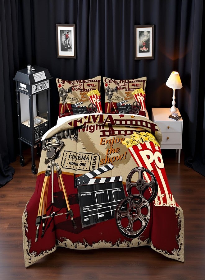 Homewish Teens Retro Cinema Comforter Set Queen Size,Movie Theater Theme Bedding Set for Kids Boys Girls Bedroom Decoration,Popcorn and Film Bed Duvet Insert,Vintage Cinema Ticket Comforter with 2 Pillowcases - Image 1