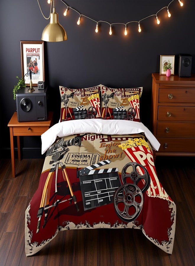 Homewish Teens Retro Cinema Comforter Set Queen Size,Movie Theater Theme Bedding Set for Kids Boys Girls Bedroom Decoration,Popcorn and Film Bed Duvet Insert,Vintage Cinema Ticket Comforter with 2 Pillowcases - Image 5