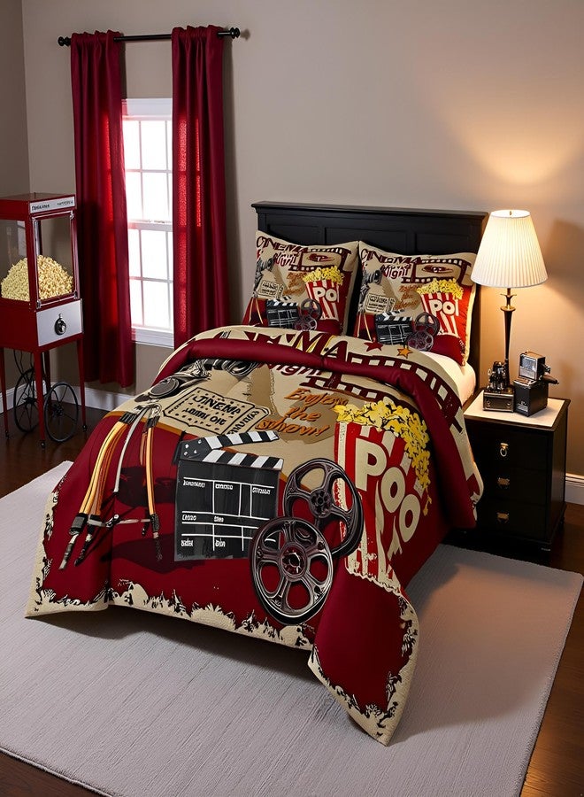Homewish Teens Retro Cinema Comforter Set Queen Size,Movie Theater Theme Bedding Set for Kids Boys Girls Bedroom Decoration,Popcorn and Film Bed Duvet Insert,Vintage Cinema Ticket Comforter with 2 Pillowcases - Image 3