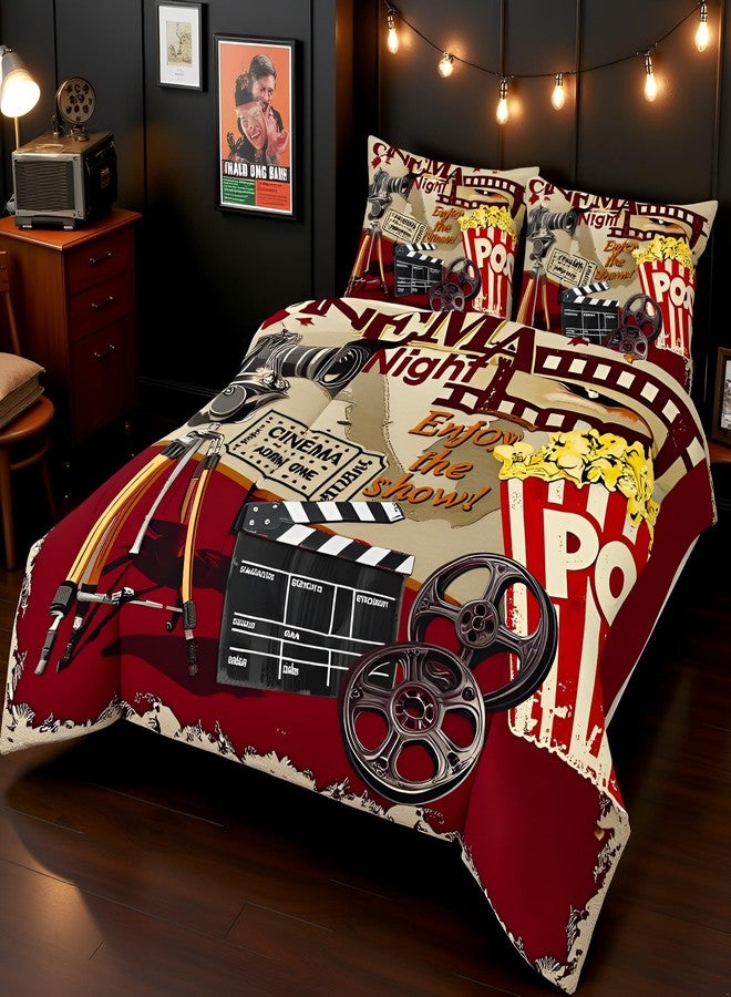 Homewish Teens Retro Cinema Comforter Set Queen Size,Movie Theater Theme Bedding Set for Kids Boys Girls Bedroom Decoration,Popcorn and Film Bed Duvet Insert,Vintage Cinema Ticket Comforter with 2 Pillowcases - Image 2