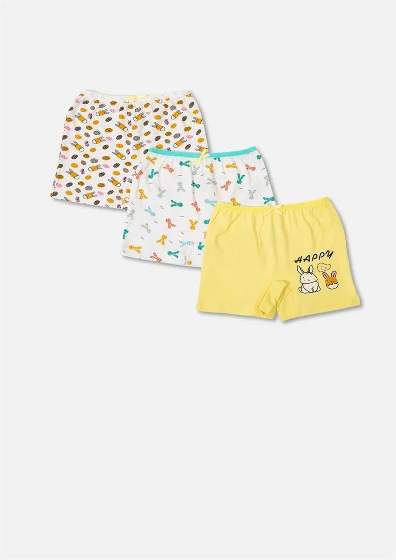 Defne Rabbit and Chick Pattern Printed Combed Elastane Girls 3-Piece Boxer Set