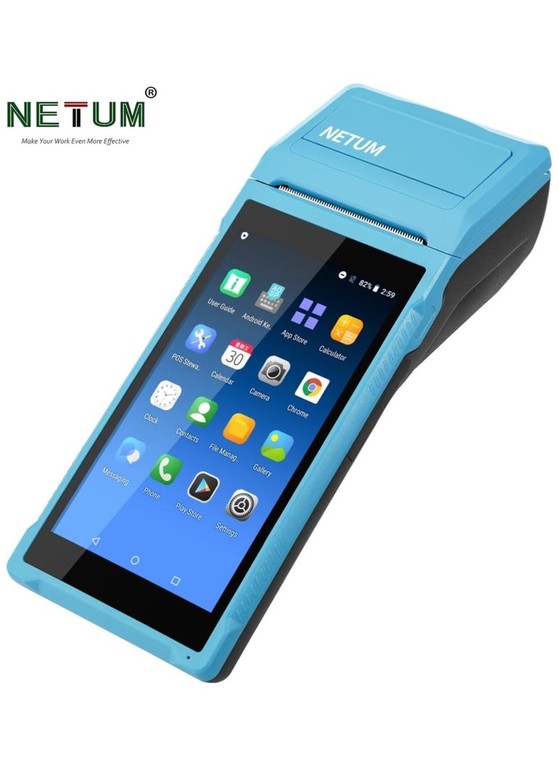 NETUM Handheld PDA Android POS Terminal Receipt Printer Barcode Printer, Data Collector, Portable Barcode Scanner Pos Machine, Handheld Bluetooth USB WiFi BT4.0, BLUE (Included Paper Scroll 58 * 35)  - Image 1
