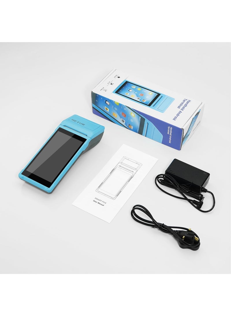 Handheld PDA Android POS Terminal Receipt Printer Barcode Printer, Data Collector, Portable Barcode Scanner Pos Machine, Handheld Bluetooth USB WiFi BT4.0, BLUE (Included Paper Scroll 58 * 35)
