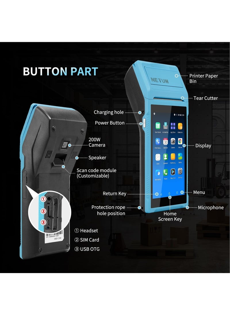 Handheld PDA Android POS Terminal Receipt Printer Barcode Printer, Data Collector, Portable Barcode Scanner Pos Machine, Handheld Bluetooth USB WiFi BT4.0, BLUE (Included Paper Scroll 58 * 35)