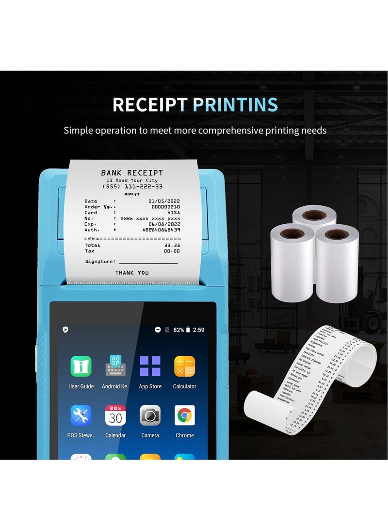 Handheld PDA Android POS Terminal Receipt Printer Barcode Printer, Data Collector, Portable Barcode Scanner Pos Machine, Handheld Bluetooth USB WiFi BT4.0, BLUE (Included Paper Scroll 58 * 35)