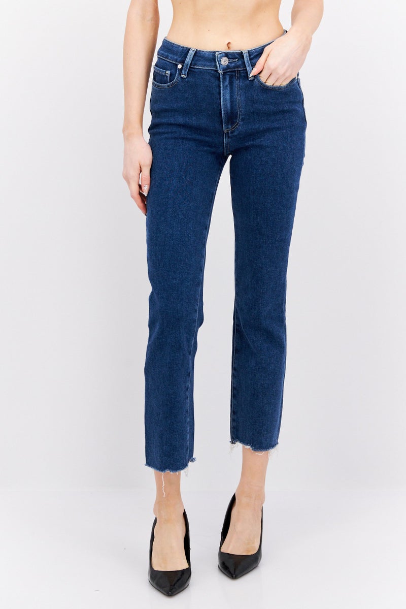 PAIGE Women Cropped Fit Straight Leg Stretch Jeans, Navy - Image 1